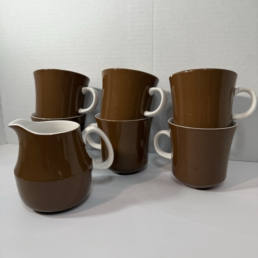 Vintage Mikasa Sun‎ Blaze Brown Espresso Cera Stone Creamer and 6 Coffee Cup Set